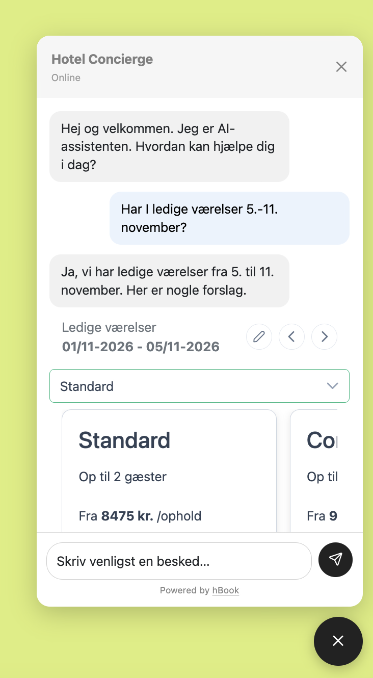 hBook Hotel Concierge med en samtale om ledige værelser og forslag til ophold