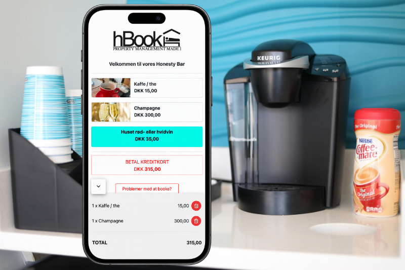 hBooks Honesty Bar på en telefon med produktvalg og betaling ved en kaffestation