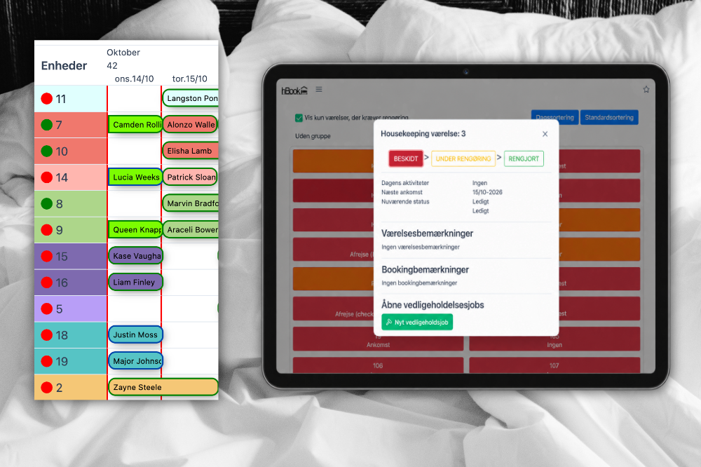 hBooks housekeeping med rengøringsstatus for værelser i kalenderen og på en tablet