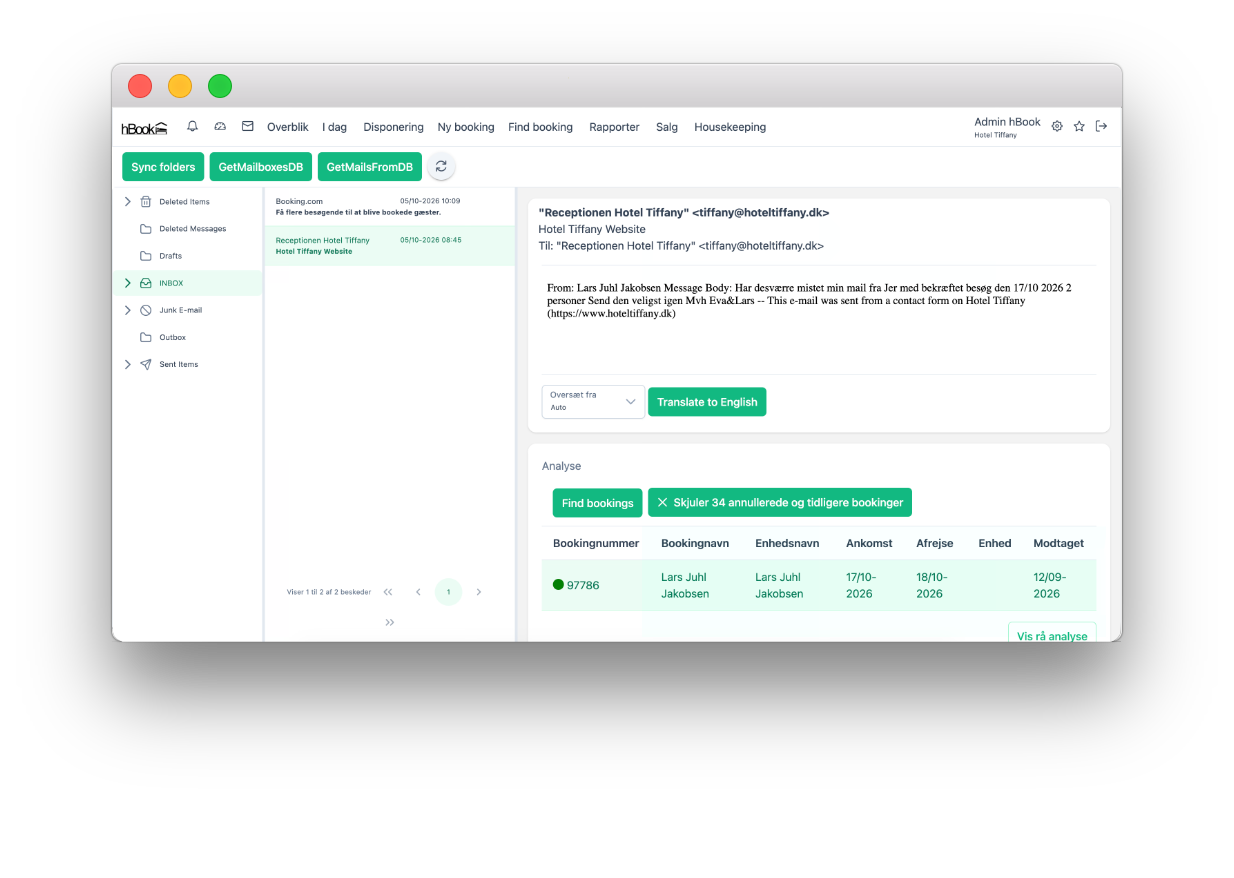 hBooks emailassistent med indbakke, oversættelse og matchende reservationer