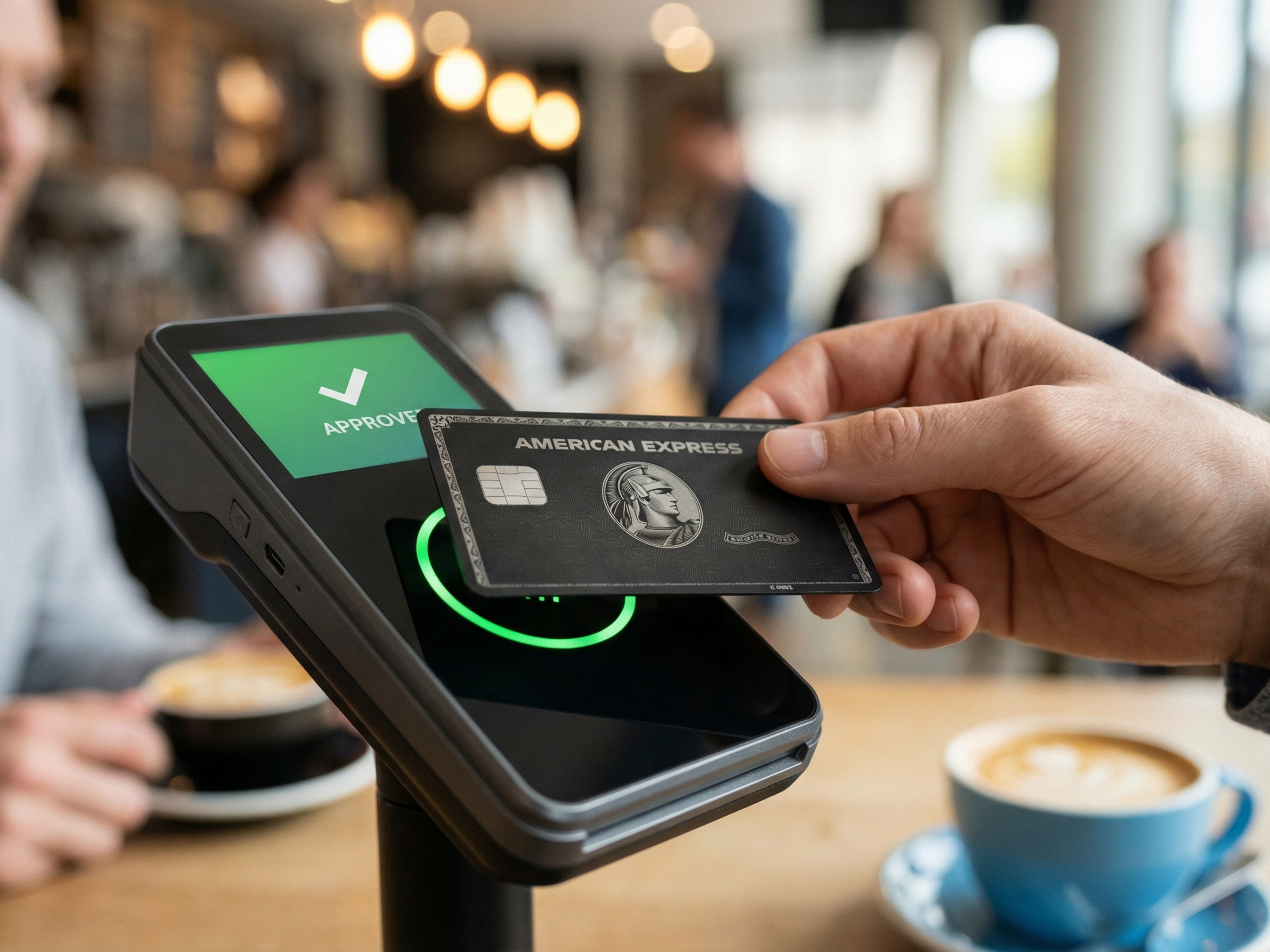 Kontaktløs kortbetaling på en betalingsterminal i en café