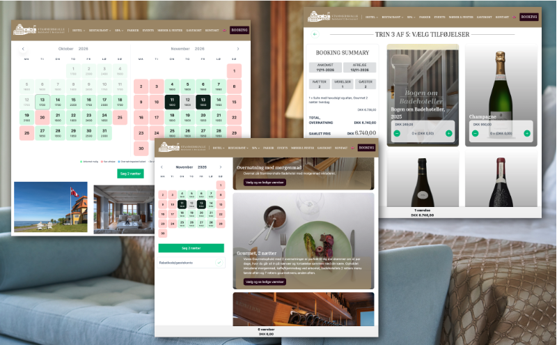 hBooks booking widget med valg af datoer, opholdspakker og tilvalg