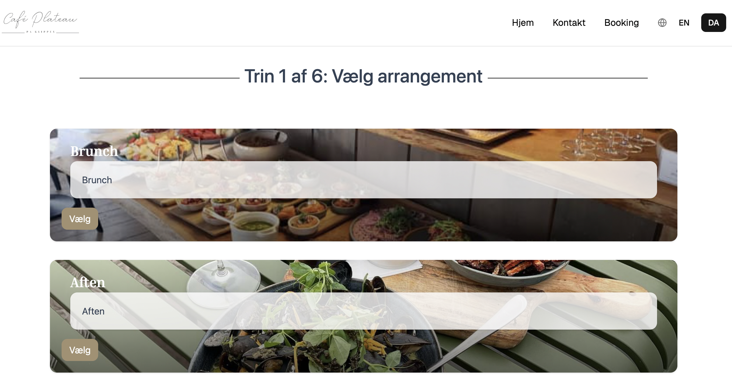 Bordbooking widget på restaurantens website med valg af arrangement